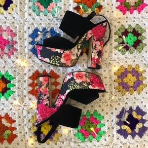 70s inspired floral platform heels